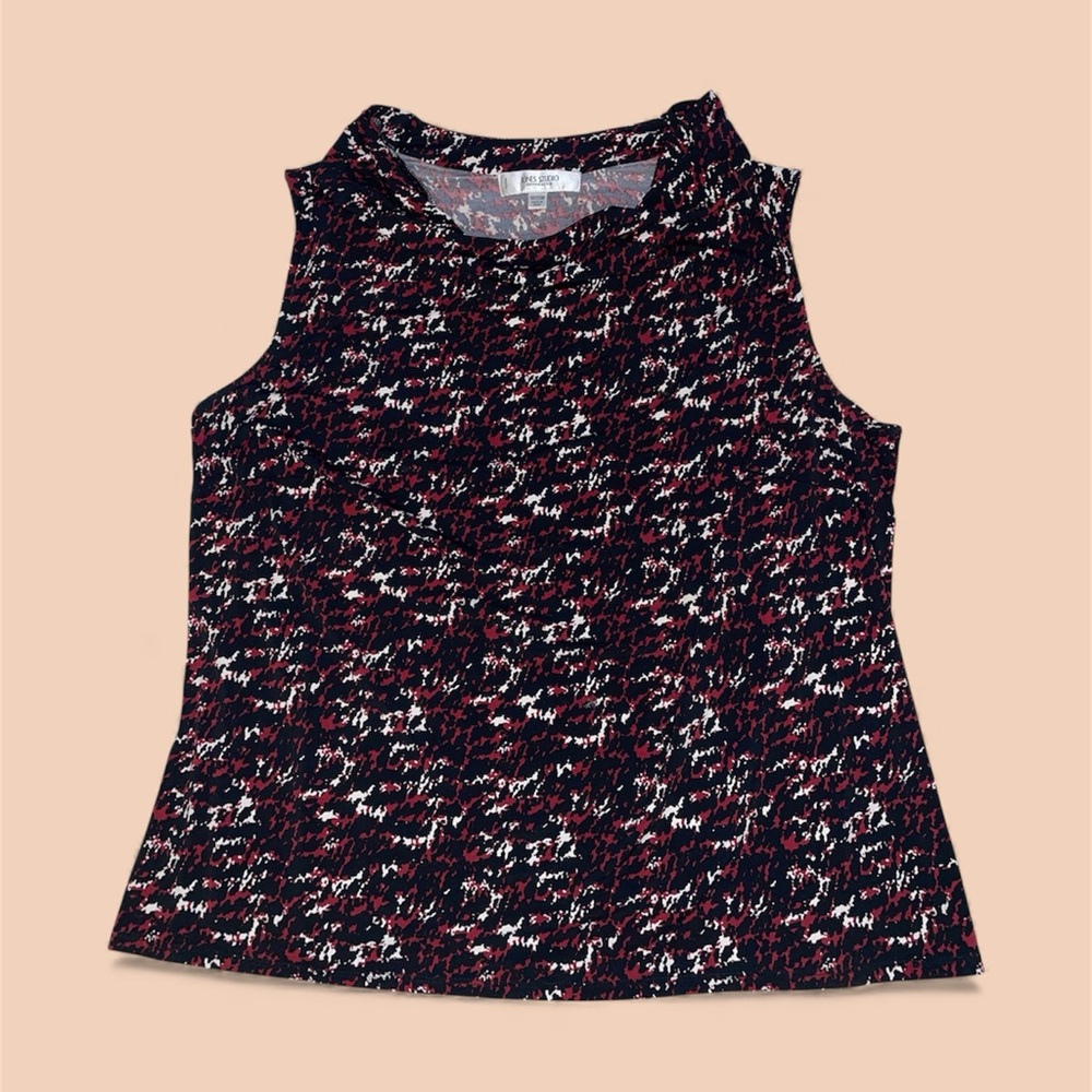 Jones Studio Black and Red Patterned Sleeveless Cowl Neck Blouse - Picture 7 of 7